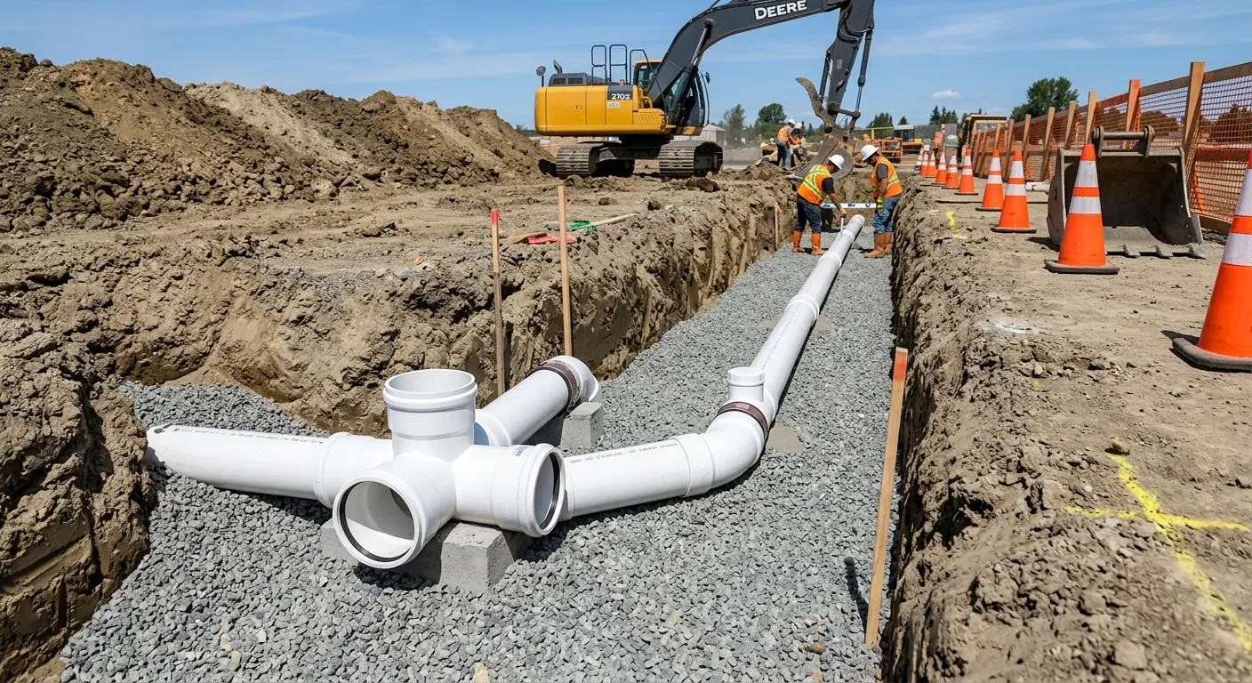 New PVC sewer pipe installation in open trench for Commercial Drain Cleaning in Marlin