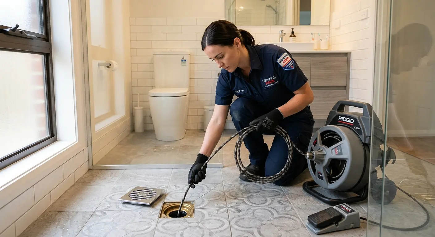 Technician clearing a bathroom floor drain for Clogged Drain Repair in Marlin